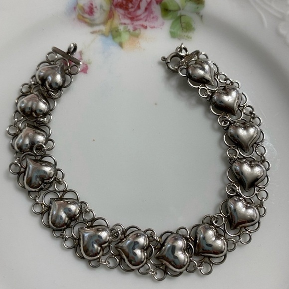 Vtg Sterling Puffy Heart Double Link Bracelet 7.5” - Picture 8 of 8